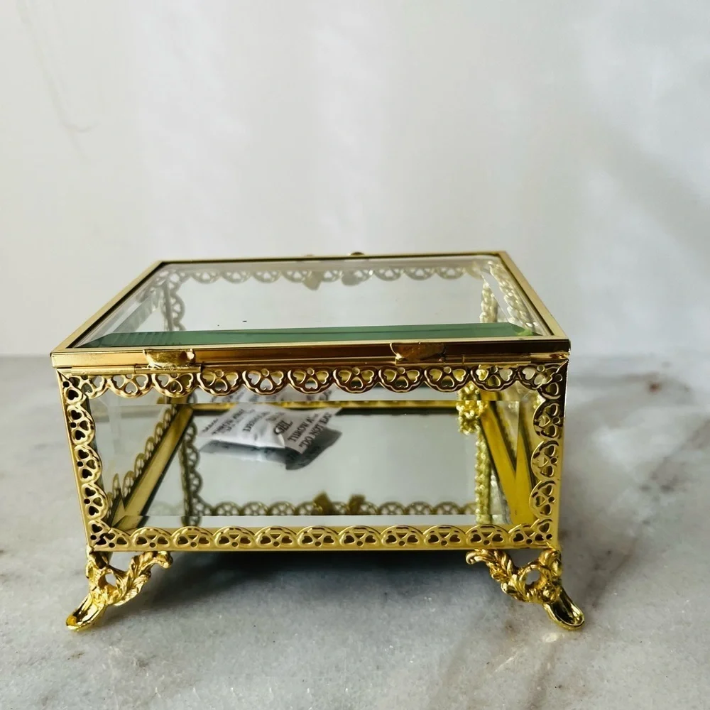 Elegant Gold and Glass Jewelry Box antique style. New